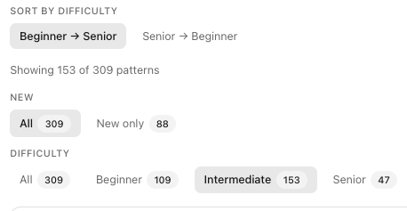 Pattern browser filters: sort by difficulty, live count "Showing 153 of 309 patterns", and difficulty filter set to Intermediate.