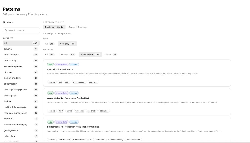Pattern browser full layout: sidebar with search and categories, main area with sort controls, filters, and pattern cards.