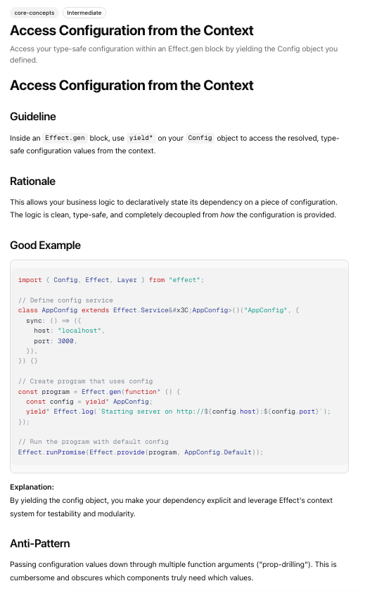 Pattern detail page: title, badges, Good Example code block with syntax highlighting, and Anti-pattern section.