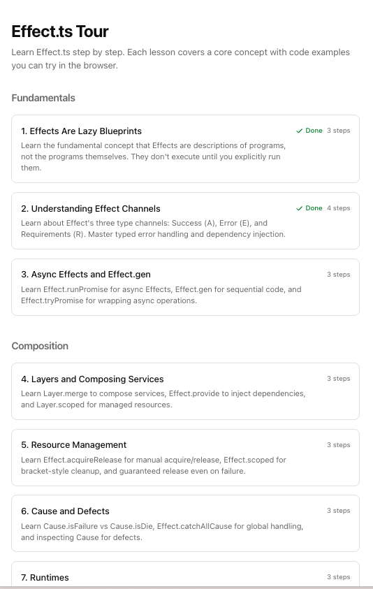 Tour lesson index: Fundamentals and Composition groups with lesson cards; two lessons show the green Done badge.